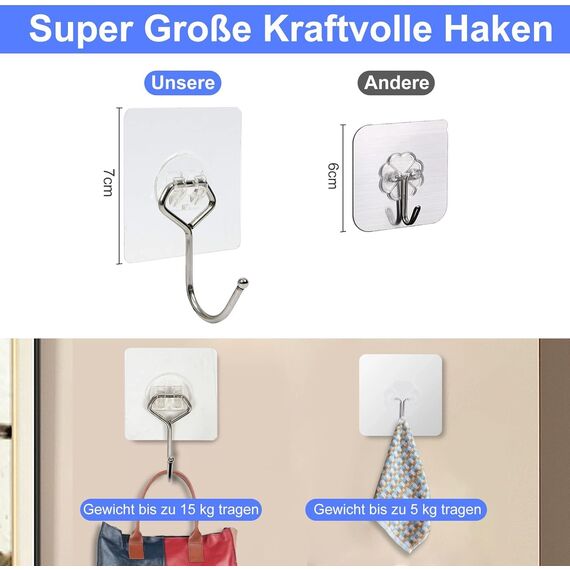 Charfia 16 Stück 15kg (Max) Selbstklebend Haken Extra Stark, Große Klebehaken Transparent Haken Selbstklebend Wandhaken Selbstklebend für Küche Bad Wand & Decke Aufhänger