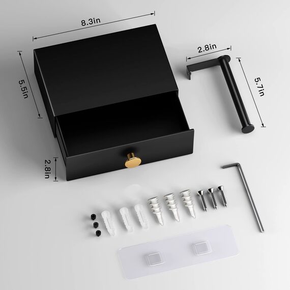 VOLDRA Toilettenpapierhalter Mit Feuchttücherbox Ohne Bohren Klopapierhalter mit Ablage Klorollenhalter mit aufbewahrung-Wandhalterung(Schwarz-Gold)