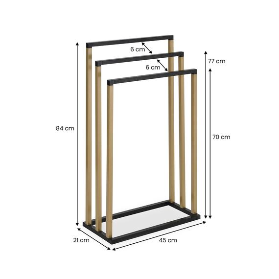 Handtuchhalter KUNO, schwarz und Gold lackiert - freistehender Badetuchhalter mit 3 Stangen, Handtuchständer aus Metall