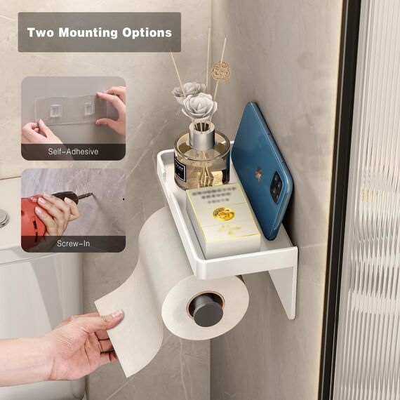 VOLDRA Toilettenpapierhalter Ohne Bohren mit Ablage, Selbstklebend Oder Schraubbar Klopapierhalter, Rostfrei & Multifunktional Badezimmer Klorollenhalter Wc Papier Halterung(Weiß)