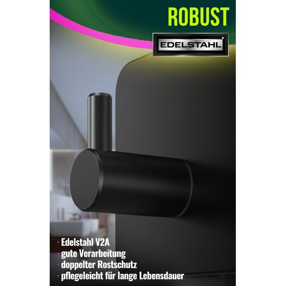 4happy Haken selbstklebend, 6er Stück, Klebehaken Edelstahl wasserfest, Handtuchhalter schwarz ohne Bohren, Selbstklebende Wandhaken als Handtuchhaken ohne Bohren, Ideal für Badzimmer