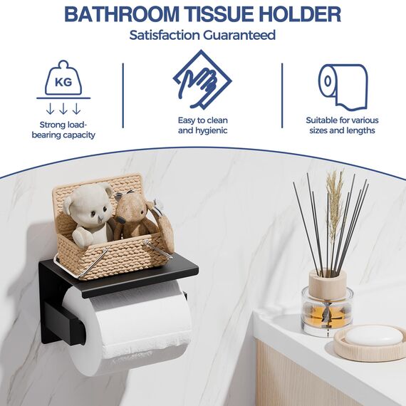 Aikzik Klopapierhalter ohne Bohren, Toilettenpapierhalter und 2 Stück Klebehaken, Edelstahl Klorollenhalter, Wc Papier Halterung Rollenhalter mit Kleber für Badzimmer, Schwarz