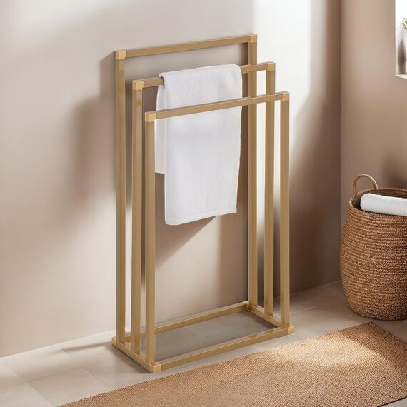 Handtuchhalter KUNO, Gold lackiert - freistehender Badetuchhalter mit 3 Stangen, Handtuchständer aus Metall
