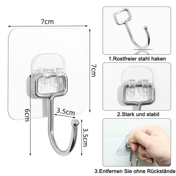 Charfia 8 Stück 15kg (Max) Selbstklebend Haken Extra Stark, Große Klebehaken Transparent Haken Selbstklebend Wandhaken Selbstklebend für Küche Bad Wand & Decke Aufhänger