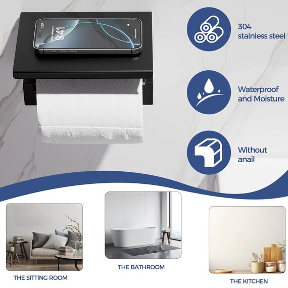 Aikzik Klopapierhalter ohne Bohren, Toilettenpapierhalter und 2 Stück Klebehaken, Edelstahl Klorollenhalter, Wc Papier Halterung Rollenhalter mit Kleber für Badzimmer, Schwarz