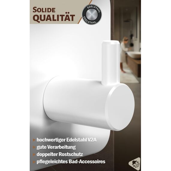 Menz Handtuchhalter ohne Bohren Edelstahl, 6er Set - Weiße Badezimmer Handtuchhalter, wasserfeste Klebehaken fürs Bad, Haken selbstklebend als funktionale Handtuchhaken, stabil und rostfrei