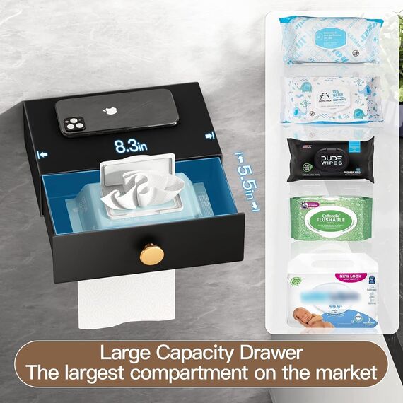 VOLDRA Toilettenpapierhalter Mit Feuchttücherbox Ohne Bohren Klopapierhalter mit Ablage Klorollenhalter mit aufbewahrung-Wandhalterung(Schwarz-Gold)