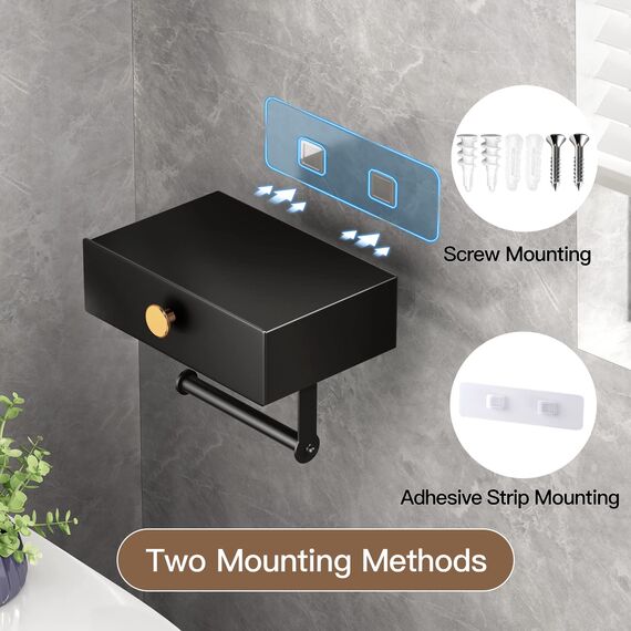 VOLDRA Toilettenpapierhalter Mit Feuchttücherbox Ohne Bohren Klopapierhalter mit Ablage Klorollenhalter mit aufbewahrung-Wandhalterung(Schwarz-Gold)