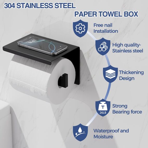 Aikzik Toilettenpapierhalter Ohne Bohren, Selbstklebend Toilettenpapierrollenhalter Edelstahl Klopapierhalter Wc Halter Rollenhalter Klorollenhalter Papierhalter für Küche und Badzimmer, Schwarz