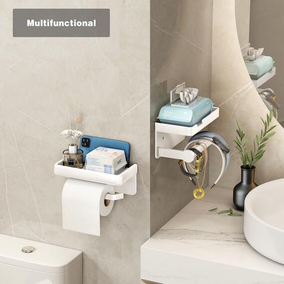 VOLDRA Toilettenpapierhalter Ohne Bohren mit Ablage, Selbstklebend Oder Schraubbar Klopapierhalter, Rostfrei & Multifunktional Badezimmer Klorollenhalter Wc Papier Halterung(Weiß)