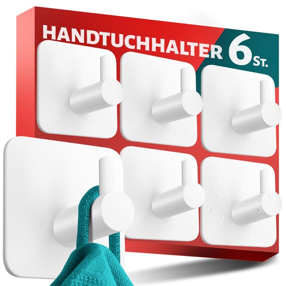 Menz Handtuchhalter ohne Bohren Edelstahl, 6er Set - Weiße Badezimmer Handtuchhalter, wasserfeste Klebehaken fürs Bad, Haken selbstklebend als funktionale Handtuchhaken, stabil und rostfrei