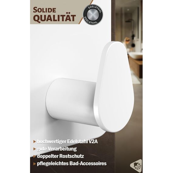 Menz Handtuchhalter ohne Bohren Edelstahl, 6er Set - Wasserfeste Badezimmer Handtuchhalter in Weiß, ovale Klebehaken fürs Bad, Haken selbstklebend als funktionale Handtuchhaken