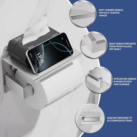 Aikzik Klopapierhalter ohne Bohren, Toilettenpapierhalter und 2 Stück Klebehaken, Edelstahl Klorollenhalter, Wc Papier Halterung Rollenhalter mit Kleber für Badzimmer, Silber