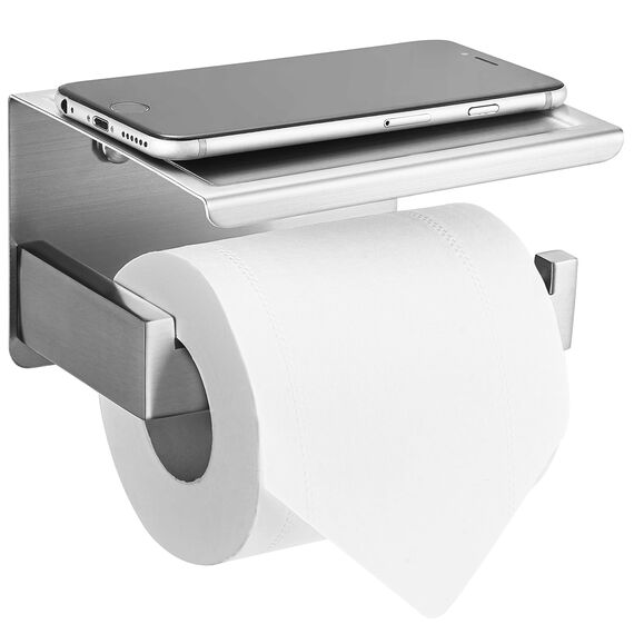 HITSLAM Toilettenpapierhalter Ohne Bohren, Selbstklebend Klopapierhalter mit Ablage, Edelstahl Klorollenhalter Wandmontage, Wc Papier Halterung Rollenhalter mit Kleber für Badzimmer Silber