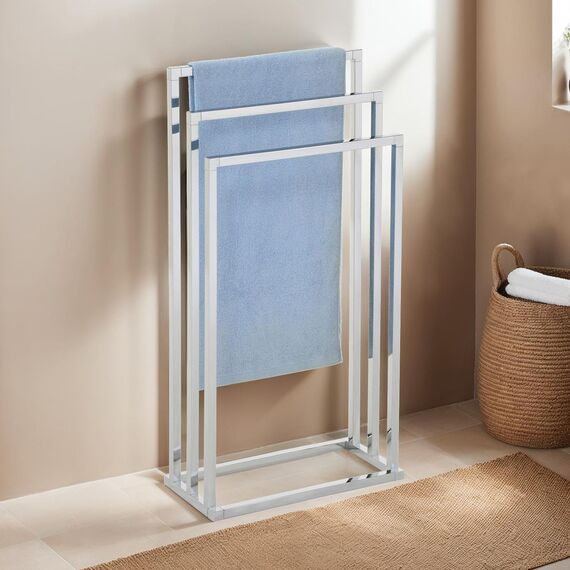 Handtuchhalter KUNO, verchromt - freistehender Badetuchhalter mit 3 Stangen, Handtuchständer aus Metall