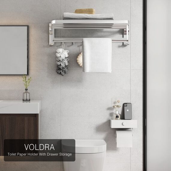 VOLDRA Toilettenpapierhalter Mit Feuchttücherbox, Klopapierhalter Ohne Bohren Klorollenhalter mit Ablage, Papier Halterung für Wc & Bad-Wandhalterung(weiß)