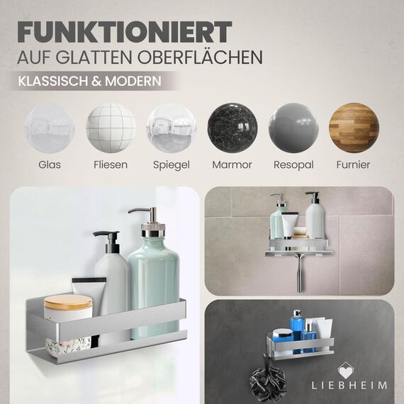 LIEBHEIM Duschablage Duschkorb Badregal ohne Bohren - Montage mit Industrie Klebeband oder Kraftkleber - Badablage - Edelstahl S304 gebürstet