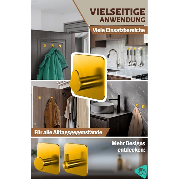 Menz Handtuchhalter ohne Bohren Edelstahl, 6er Set - Wasserfeste Badezimmer Handtuchhalter in Golden, ovale Klebehaken fürs Bad, Haken selbstklebend als funktionale Handtuchhaken