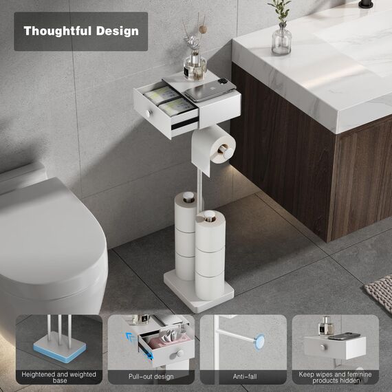 VOLDRA Toilettenpapierhalter Stehend Klopapierhalter Ohne Bohren Klopapier Mit Schublade Aufbewahrung Klorollenhalter Wc Papier Halterung Klorollenhalter Stehend Wc Rollenhalter Für 7 Rollen(Weiß)