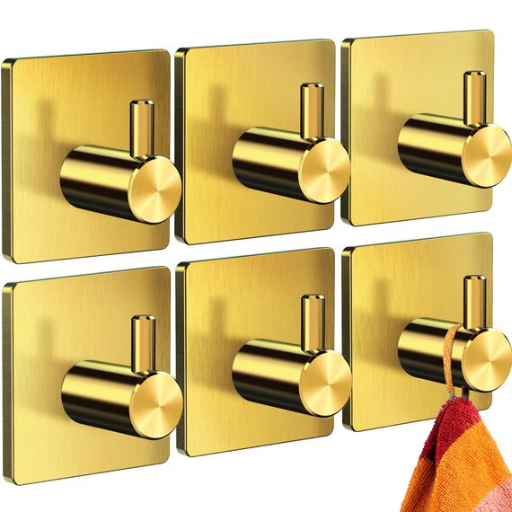 4happy Handtuchhaken ohne Bohren – 6er Pack Handtuchhalter ohne Bohren Gold, Klebehaken Edelstahl wasserfest, Haken selbstklebend als Handtuchhaken, Badezimmer Handtuchhalter, funktionale Haken