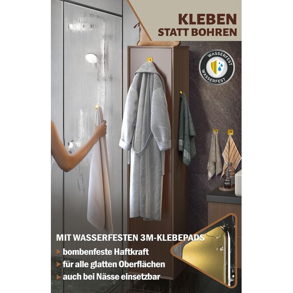 Menz Handtuchhalter ohne Bohren Edelstahl, 6er Set - Wasserfeste Badezimmer Handtuchhalter in Golden, moderne Klebehaken fürs Bad, Haken selbstklebend als funktionale Handtuchhaken