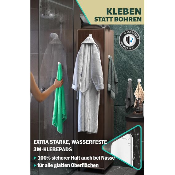 Menz Handtuchhalter ohne Bohren in Weiß, 6 Stück – Robuste Badezimmer Handtuchhalter, ovale Klebehaken, Haken fürs Bad, Haken selbstklebend, ideal als funktionale Handtuchhaken