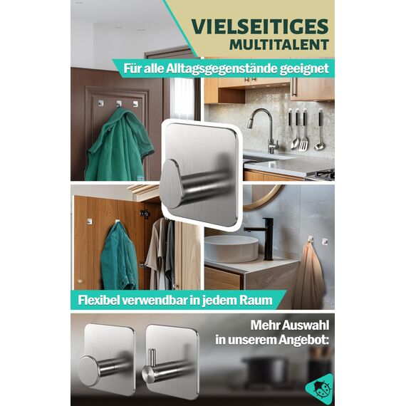 Menz Handtuchhalter ohne Bohren in Silber, 6 Stück – Robuste Badezimmer Handtuchhalter, ovale Klebehaken, Haken fürs Bad, Haken selbstklebend, ideal als funktionale Handtuchhaken