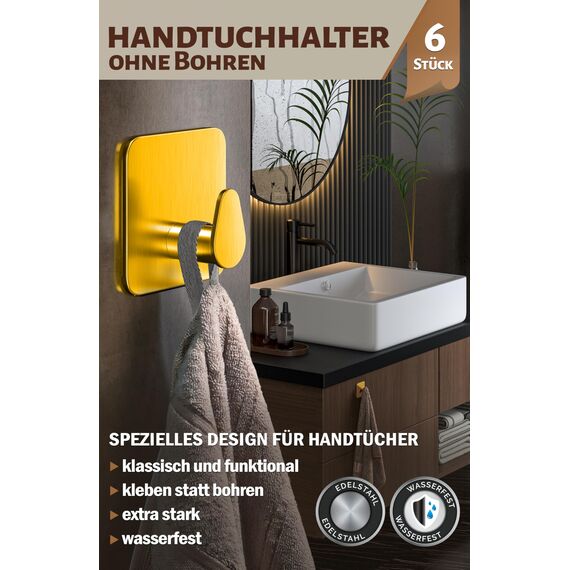 Menz Handtuchhalter ohne Bohren Edelstahl, 6er Set - Wasserfeste Badezimmer Handtuchhalter in Golden, ovale Klebehaken fürs Bad, Haken selbstklebend als funktionale Handtuchhaken