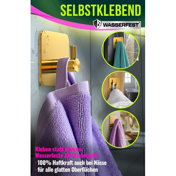 4happy Handtuchhaken ohne Bohren – 6er Pack Handtuchhalter ohne Bohren Gold, Klebehaken Edelstahl wasserfest, Haken selbstklebend als Handtuchhaken, Badezimmer Handtuchhalter, funktionale Haken