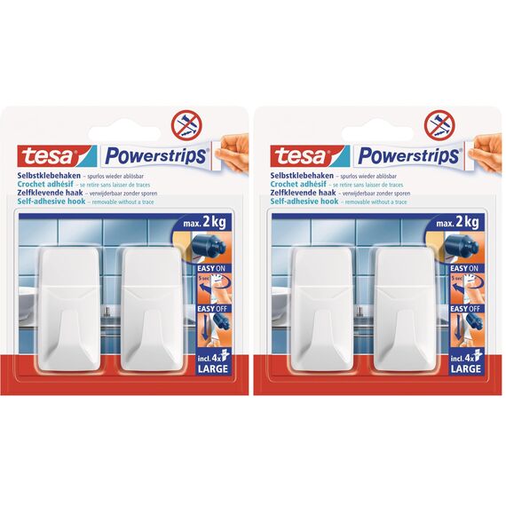 tesa Powerstrips Haken Large ECKIG - Selbstklebender Wandhaken für Glas, Kacheln, Holz, Kunststoff und andere Untergründe - Weiß (Packung mit 2)