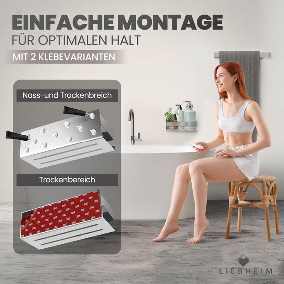LIEBHEIM Duschablage Duschkorb Badregal ohne Bohren - Montage mit Industrie Klebeband oder Kraftkleber - Badablage - Edelstahl S304 gebürstet