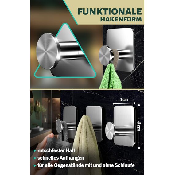 Menz Handtuchhalter ohne Bohren in Silber, 6 Stück – Robuste Badezimmer Handtuchhalter, moderne Klebehaken, Haken fürs Bad, Haken selbstklebend, ideal als funktionale Handtuchhaken