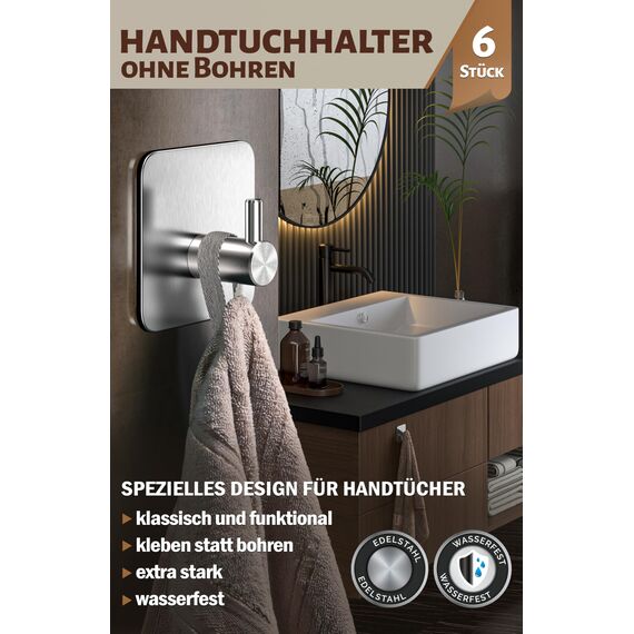 Menz Handtuchhalter ohne Bohren Edelstahl, 6er Set - Hochwertige Badezimmer Handtuchhalter, wasserfeste Klebehaken fürs Bad, Haken selbstklebend als funktionale Handtuchhaken, stabil und rostfrei