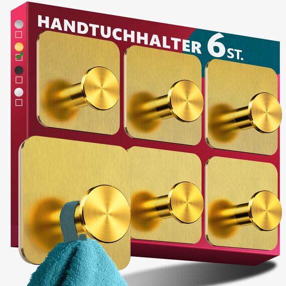 Menz Handtuchhalter ohne Bohren Edelstahl, 6er Set - Wasserfeste Badezimmer Handtuchhalter in Golden, moderne Klebehaken fürs Bad, Haken selbstklebend als funktionale Handtuchhaken