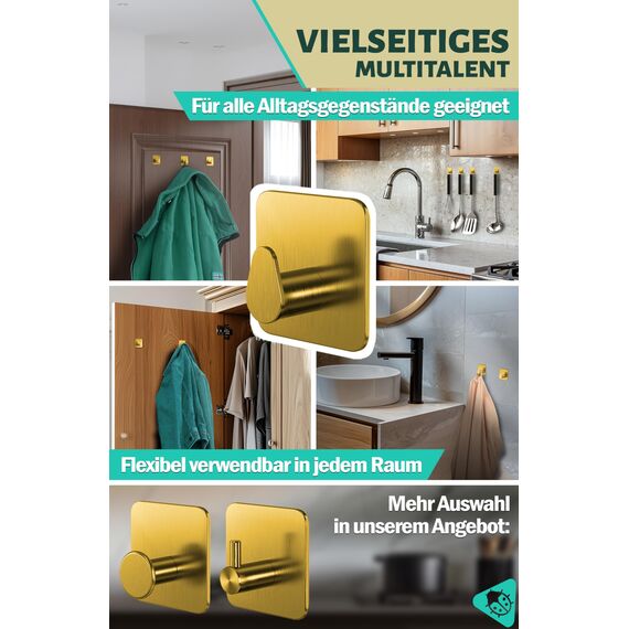 Menz Handtuchhalter ohne Bohren in Golden, 6 Stück – Robuste Badezimmer Handtuchhalter, ovale Klebehaken, Haken fürs Bad, Haken selbstklebend, ideal als funktionale Handtuchhaken