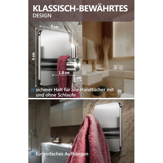 4smile Handtuchhalter ohne Bohren, 4er Set - Edelstahl Klebehaken als Handtuchhaken, wasserdichte Haken selbstklebend - Rostfreie Badezimmer Handtuchhalter, Haken für Bad und Küche
