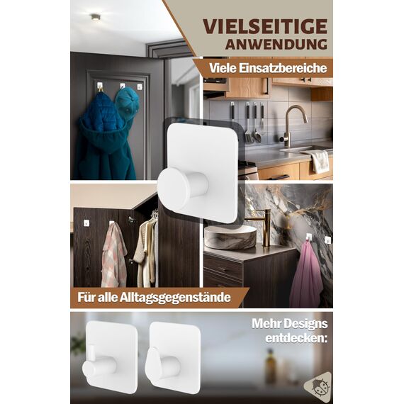 Menz Handtuchhalter ohne Bohren Edelstahl, 6er Set - Wasserfeste Badezimmer Handtuchhalter in Weiß, moderne Klebehaken fürs Bad, Haken selbstklebend als funktionale Handtuchhaken