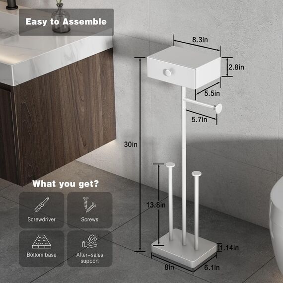 VOLDRA Toilettenpapierhalter Stehend Klopapierhalter Ohne Bohren Klopapier Mit Schublade Aufbewahrung Klorollenhalter Wc Papier Halterung Klorollenhalter Stehend Wc Rollenhalter Für 7 Rollen(Weiß)
