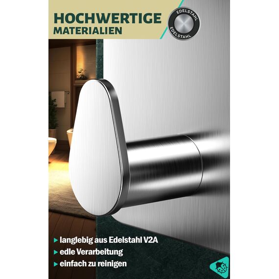 Menz Handtuchhalter ohne Bohren in Silber, 6 Stück – Robuste Badezimmer Handtuchhalter, ovale Klebehaken, Haken fürs Bad, Haken selbstklebend, ideal als funktionale Handtuchhaken