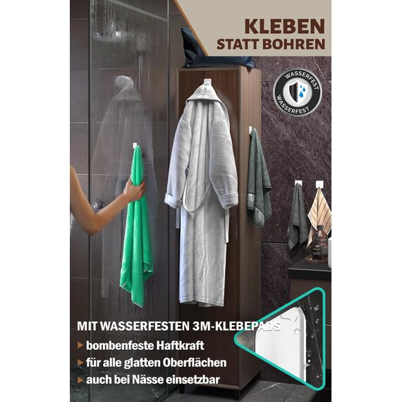 Menz Handtuchhalter ohne Bohren Edelstahl, 6er Set - Wasserfeste Badezimmer Handtuchhalter in Weiß, ovale Klebehaken fürs Bad, Haken selbstklebend als funktionale Handtuchhaken