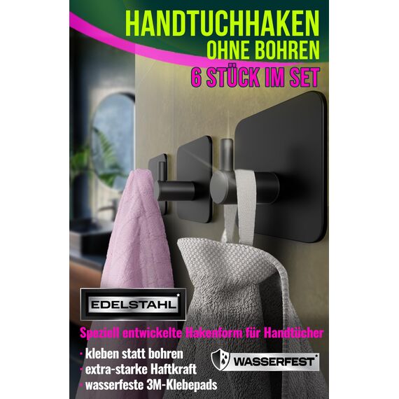 4happy Haken selbstklebend, 6er Stück, Klebehaken Edelstahl wasserfest, Handtuchhalter schwarz ohne Bohren, Selbstklebende Wandhaken als Handtuchhaken ohne Bohren, Ideal für Badzimmer