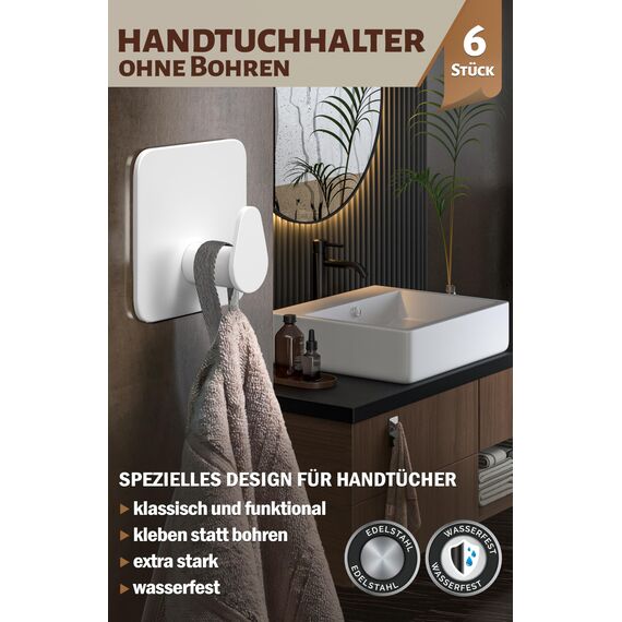 Menz Handtuchhalter ohne Bohren Edelstahl, 6er Set - Wasserfeste Badezimmer Handtuchhalter in Weiß, ovale Klebehaken fürs Bad, Haken selbstklebend als funktionale Handtuchhaken