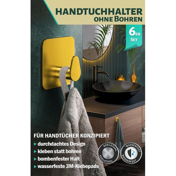Menz Handtuchhalter ohne Bohren in Golden, 6 Stück – Robuste Badezimmer Handtuchhalter, ovale Klebehaken, Haken fürs Bad, Haken selbstklebend, ideal als funktionale Handtuchhaken