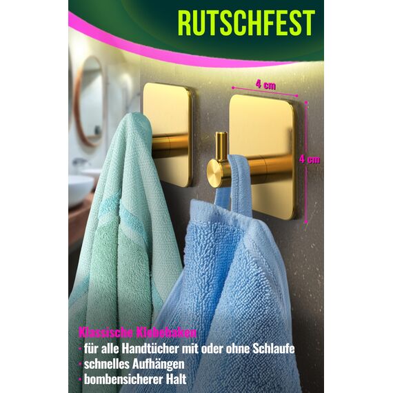 4happy Handtuchhaken ohne Bohren – 6er Pack Handtuchhalter ohne Bohren Gold, Klebehaken Edelstahl wasserfest, Haken selbstklebend als Handtuchhaken, Badezimmer Handtuchhalter, funktionale Haken