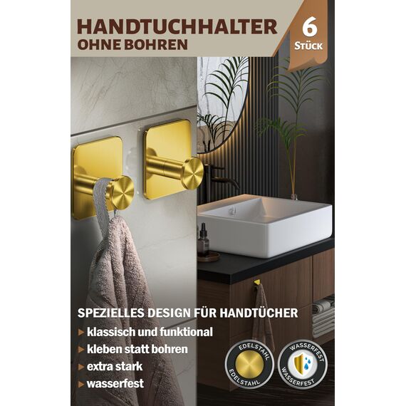 Menz Handtuchhalter ohne Bohren Edelstahl, 6er Set - Wasserfeste Badezimmer Handtuchhalter in Golden, moderne Klebehaken fürs Bad, Haken selbstklebend als funktionale Handtuchhaken