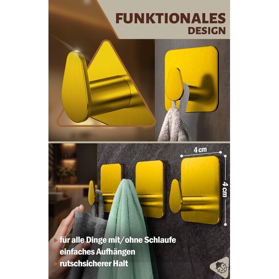 Menz Handtuchhalter ohne Bohren Edelstahl, 6er Set - Wasserfeste Badezimmer Handtuchhalter in Golden, ovale Klebehaken fürs Bad, Haken selbstklebend als funktionale Handtuchhaken