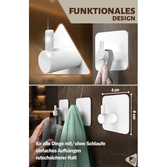 Menz Handtuchhalter ohne Bohren Edelstahl, 6er Set - Weiße Badezimmer Handtuchhalter, wasserfeste Klebehaken fürs Bad, Haken selbstklebend als funktionale Handtuchhaken, stabil und rostfrei
