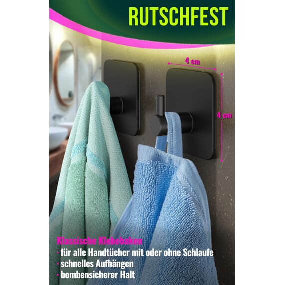 4happy Haken selbstklebend, 6er Stück, Klebehaken Edelstahl wasserfest, Handtuchhalter schwarz ohne Bohren, Selbstklebende Wandhaken als Handtuchhaken ohne Bohren, Ideal für Badzimmer