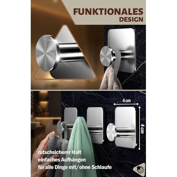 Menz Handtuchhalter ohne Bohren Edelstahl, 6er Set - Wasserfeste Badezimmer Handtuchhalter, moderne Klebehaken fürs Bad, Haken selbstklebend als stabil Handtuchhaken, funktional und hochwertig