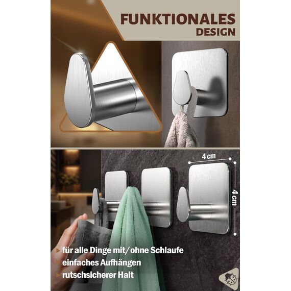 Menz Handtuchhalter ohne Bohren Edelstahl, 6er Set - Wasserfeste Badezimmer Handtuchhalter, ovale Klebehaken fürs Bad, Haken selbstklebend als stabil Handtuchhaken, funktional und hochwertig